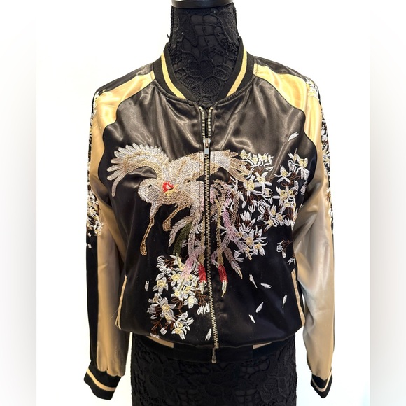 Asian inspired gold and black embroidered silky bomber jacket - Picture 2 of 9